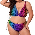 Women's Plus Size Sexy Strappy Bikini Fashion Swimsuit Bottoms Triangle Halter Bikini Top for Rainbow Colorful Cheetah Leopard Print Two Piece Swimwear Bathing Suit
