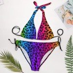 Women's Plus Size Sexy Strappy Bikini Fashion Swimsuit Bottoms Triangle Halter Bikini Top for Rainbow Colorful Cheetah Leopard Print Two Piece Swimwear Bathing Suit