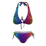 Women's Plus Size Sexy Strappy Bikini Fashion Swimsuit Bottoms Triangle Halter Bikini Top for Rainbow Colorful Cheetah Leopard Print Two Piece Swimwear Bathing Suit