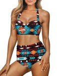 Howilath Blue Aztec Ethnic Tribe Pattern Wrap Bikini Set, Fashion Women Two-Piece High Waisted Tummy Control Swimsuit - S
