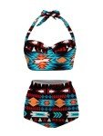 Howilath Blue Aztec Ethnic Tribe Pattern Wrap Bikini Set, Fashion Women Two-Piece High Waisted Tummy Control Swimsuit - S