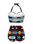 Howilath Blue Aztec Ethnic Tribe Pattern Wrap Bikini Set, Fashion Women Two-Piece High Waisted Tummy Control Swimsuit - S