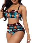 Howilath Blue Aztec Ethnic Tribe Pattern Wrap Bikini Set, Fashion Women Two-Piece High Waisted Tummy Control Swimsuit - S