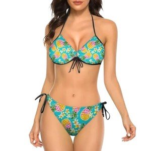 Ysidec Cute Pineapples Fashion Hawaii Flowers Women Two Piece Bikini Set Halter Padded Top Tie Side Bottom Triangle Swimsuit M