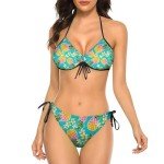 Ysidec Cute Pineapples Fashion Hawaii Flowers Women Two Piece Bikini Set Halter Padded Top Tie Side Bottom Triangle Swimsuit M