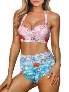 Howilath Pink Blue Hawaii Floral Wrap Bikini Set, Fashion Women Two-Piece High Waisted Tummy Control Swimsuit - L