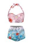 Howilath Pink Blue Hawaii Floral Wrap Bikini Set, Fashion Women Two-Piece High Waisted Tummy Control Swimsuit - L