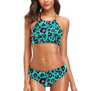 Naanle Fashion Turquoise Pink Leopard Womans 2 Pcs Halter Neack Padded Swimsuit Sexy Bikini Set
