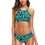 Naanle Fashion Turquoise Pink Leopard Womans 2 Pcs Halter Neack Padded Swimsuit Sexy Bikini Set