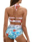 Howilath Pink Blue Hawaii Floral Wrap Bikini Set, Fashion Women Two-Piece High Waisted Tummy Control Swimsuit - L
