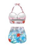 Howilath Pink Blue Hawaii Floral Wrap Bikini Set, Fashion Women Two-Piece High Waisted Tummy Control Swimsuit - L