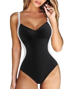 RXRXCOCO Women Slimming Tummy Control One Piece Swimsuits V Neck Crisscross Back Bathing Suit Black and White Medium