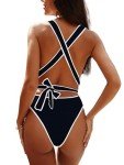 Lilosy Sexy Tie Criss Cross Plunge One Piece Thong Swimsuit High Cut Brazilian Bathing Suit Lace Up Neck Backless Waisted Low Leg Rise Cheeky Bikini Women Back Monokini Bride Black White Medium