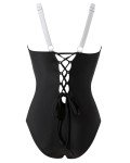 RXRXCOCO Women Slimming Tummy Control One Piece Swimsuits V Neck Crisscross Back Bathing Suit Black and White Medium