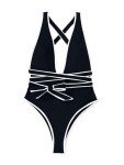 Lilosy Sexy Tie Criss Cross Plunge One Piece Thong Swimsuit High Cut Brazilian Bathing Suit Lace Up Neck Backless Waisted Low Leg Rise Cheeky Bikini Women Back Monokini Bride Black White Medium
