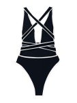 Lilosy Sexy Tie Criss Cross Plunge One Piece Thong Swimsuit High Cut Brazilian Bathing Suit Lace Up Neck Backless Waisted Low Leg Rise Cheeky Bikini Women Back Monokini Bride Black White Medium