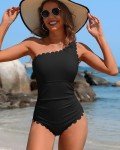 Charmo One Piece Swimsuit One Shoulder Bathing Suit for Women Ribbed Swim Suit Scalloped Slimming Elder Swimwear Full Coverage Black L