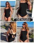 Charmo One Piece Swimsuit One Shoulder Bathing Suit for Women Ribbed Swim Suit Scalloped Slimming Elder Swimwear Full Coverage Black L