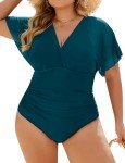 Blooming Jelly Women's Plus Size Swimsuit One Piece Tummy Control Bathing Suit Full Coverage Mesh V Neck Swimwear（Dark Cyan, X-Large