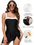 Blooming Jelly Women One Piece Swimsuit Tummy Control Swim Dress Color Block Modest Bathing Suit Retro Swim Suit Skirt(X-Large,Black)