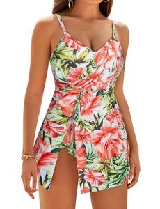 GRACE KARIN Women One Piece Swimsuit with Skirt Tummy Control Swim Dress Vintage Bathing Suit White&Green Leaves M