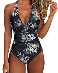 SUUKSESS Women Sexy Tummy Control One Piece Swimsuits Halter Push Up Monokini Bathing Suits (Black Floral, M)