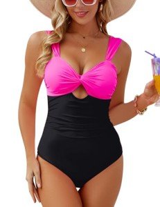 CiCiBird One Piece Swimsuit Women Tummy Control Criss Cross Cut Out Bathing Suit High Waisted Push Up Swimwear Color Block Pinkblack L