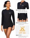 Daci Women Long Sleeve Rash Guard One Piece Boyleg Swimsuit Zipper Surfing Bathing Suit UPF 50+ Black XS