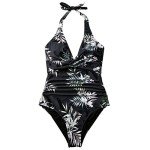 SUUKSESS Women Sexy Tummy Control One Piece Swimsuits Halter Push Up Monokini Bathing Suits (Black Floral, M)