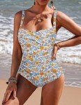 Ekouaer Women's One Piece Swimsuit Ruched Tummy Control Bathing Suits Vintage Retro Push Up Swimwear White Blue Leaves Medium