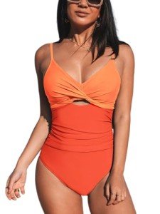 CUPSHE Women's One Piece Swimsuit Bathing Suit Twist Front Cutout Adjustable Straps Ruched Swimwear XL, Retro Floral