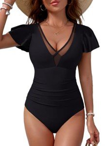 BMJL Women's Tummy Control Swimsuits Slimming Mesh Sheer Bathing Suit Ruffle V Neck One Piece Swimwear(Black,M)