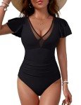 BMJL Women's Tummy Control Swimsuits Slimming Mesh Sheer Bathing Suit Ruffle V Neck One Piece Swimwear(Black,M)