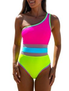 popvil Women's Sexy One Shoulder One Piece Bathing Suits Neon Color Block Swimsuits Slimming Mesh Swimwear