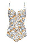 Ekouaer Women's One Piece Swimsuit Ruched Tummy Control Bathing Suits Vintage Retro Push Up Swimwear White Blue Leaves Medium