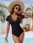 BMJL Women's Tummy Control Swimsuits Slimming Mesh Sheer Bathing Suit Ruffle V Neck One Piece Swimwear(Black,M)