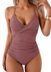 B2prity Women's One Piece Swimsuits Tummy Control Front Cross Bathing Suits Tie Back Slimming V Neck Swimwear Cameo Brown