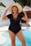 BMJL Women's Tummy Control Swimsuits Slimming Mesh Sheer Bathing Suit Ruffle V Neck One Piece Swimwear(Black,M)