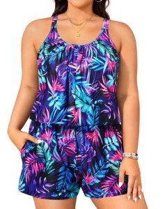 Tempt Me Plus Size Romper Swimsuits with Short - Women One Piece Boyleg with Pockets Bathing Suit Swimwear Blue Leaves 22 Plus