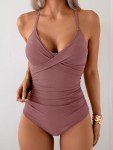 B2prity Women's One Piece Swimsuits Tummy Control Front Cross Bathing Suits Tie Back Slimming V Neck Swimwear Cameo Brown