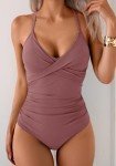B2prity Women's One Piece Swimsuits Tummy Control Front Cross Bathing Suits Tie Back Slimming V Neck Swimwear Cameo Brown