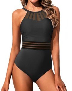 Holipick Black Waistband Women Tummy Control One Piece Swimsuit High Neck Bathing Suit Full Coverage Swimwear M