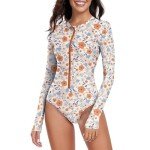 Century Star Long Sleeve Swimsuits for Women 2024 Rash Guard UPF 50+ One Piece Surfing Modest Full Coverage Zipper High Neck Cute Athletic Sporty Bathing Suit Swimwear Orange Flower 8-10