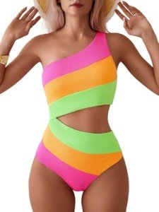 TASHEHE Women's One Shoulder One Piece Swimsuit Sexy Color Block Patchwork Bathing Suit Modest Full Coverage Cutout Swimwear - Pink/Orange/Neon Green - Small