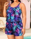 Tempt Me Plus Size Romper Swimsuits with Short - Women One Piece Boyleg with Pockets Bathing Suit Swimwear Blue Leaves 22 Plus
