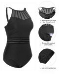 Holipick Black Waistband Women Tummy Control One Piece Swimsuit High Neck Bathing Suit Full Coverage Swimwear M