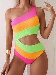 TASHEHE Women's One Shoulder One Piece Swimsuit Sexy Color Block Patchwork Bathing Suit Modest Full Coverage Cutout Swimwear - Pink/Orange/Neon Green - Small