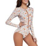 Century Star Long Sleeve Swimsuits for Women 2024 Rash Guard UPF 50+ One Piece Surfing Modest Full Coverage Zipper High Neck Cute Athletic Sporty Bathing Suit Swimwear Orange Flower 8-10