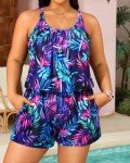 Tempt Me Plus Size Romper Swimsuits with Short - Women One Piece Boyleg with Pockets Bathing Suit Swimwear Blue Leaves 22 Plus