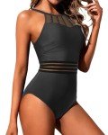 Holipick Black Waistband Women Tummy Control One Piece Swimsuit High Neck Bathing Suit Full Coverage Swimwear M